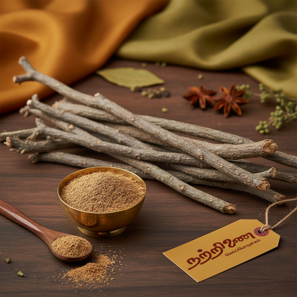 Naiyuruvi dried stems and powder in brass bowl with wooden spoon and Nattrinai saffron logo tag