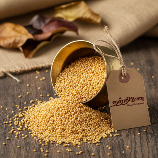 Saamai Parboiled Little Millet golden amber grains in brass vessel with Nattrinai tag