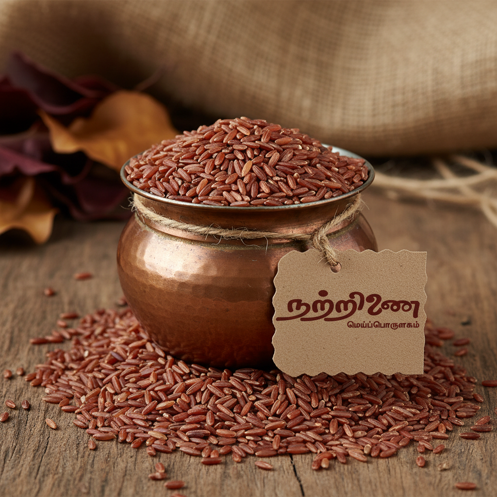 Sivappu traditional red rice grains in brass vessel with Nattrinai tag