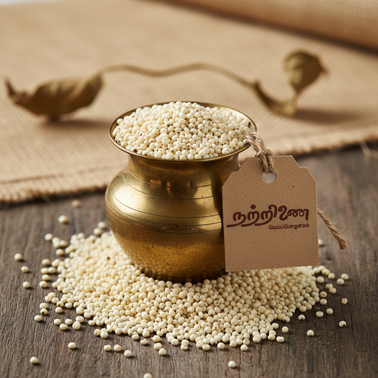Saamai Little Millet tiny cream-white grains in brass vessel with Nattrinai tag