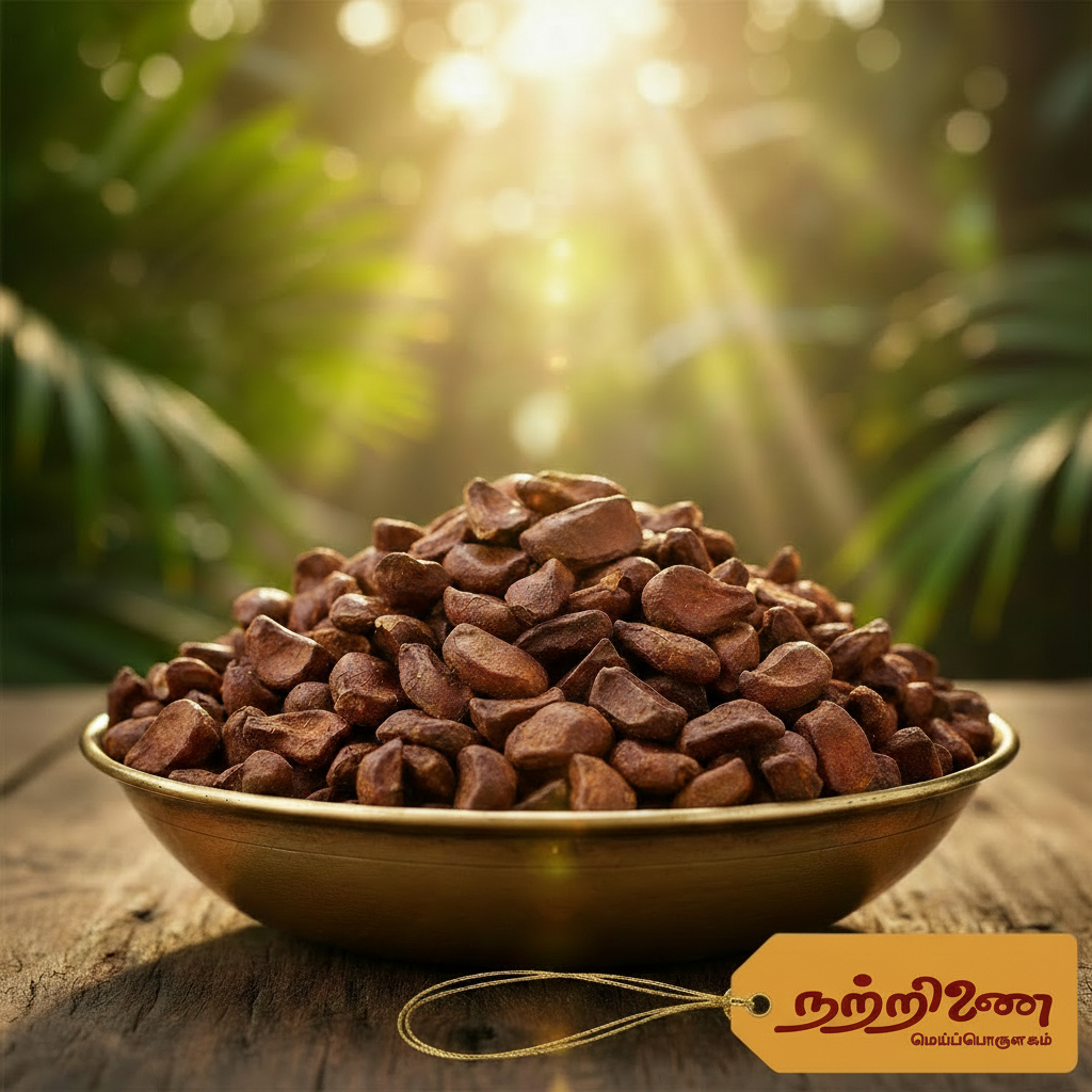 Then Kai sky fruit seeds in brass bowl with tropical background and saffron Nattrinai logo tag