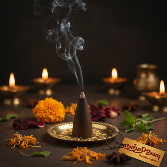 Dasaangam incense cone on brass plate with smoke and Nattrinai saffron logo tag