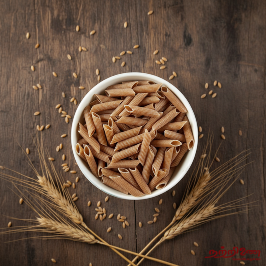 Godhumai Veggie Pasta uncooked whole wheat penne in a white ceramic bowl on rustic wooden background