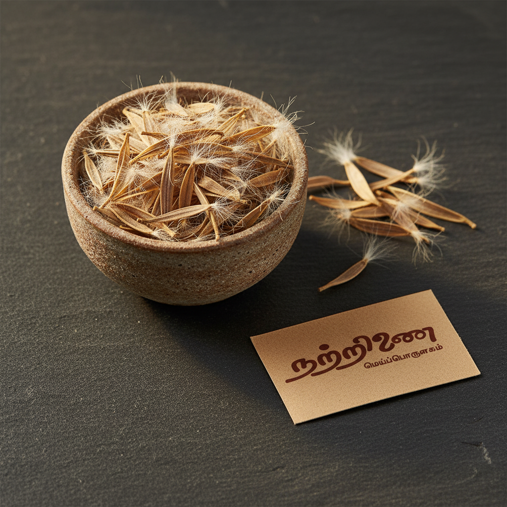 Nattrinai Vetpalai Arisi Wrightia tinctoria seeds in a ceramic bowl on dark slate surface with brand tag placed flat beside it