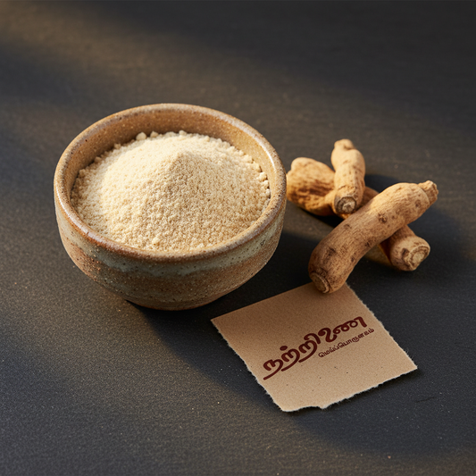 Nattrinai Aero Root Powder in a ceramic bowl with dried root pieces on dark slate surface with brand tag placed flat beside it