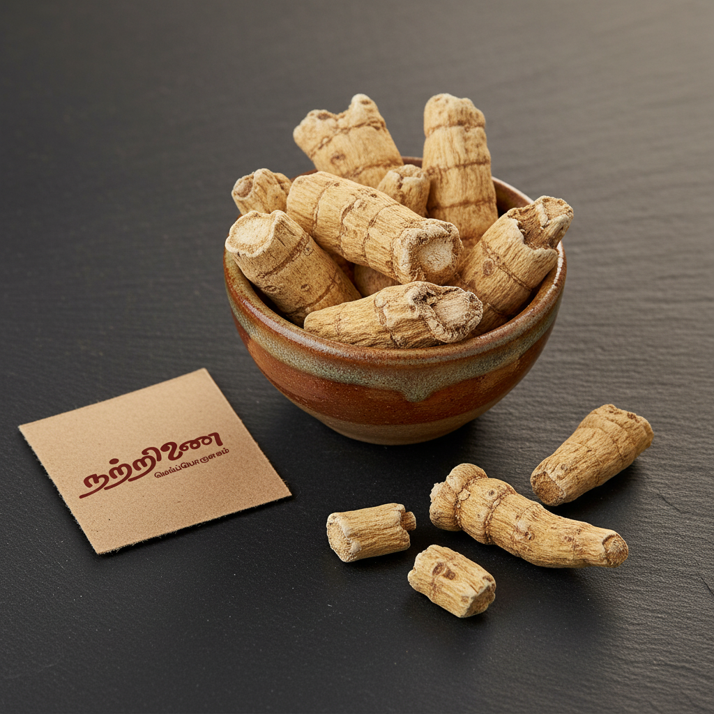 Nattrinai Vasambu Sweet Flag Acorus calamus dried roots in a ceramic bowl on dark slate surface with brand tag placed flat beside it