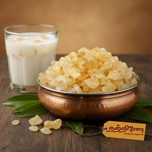 Badam Pisin almond gum crystals in brass bowl with warm earthy background and Nattrinai saffron logo tag