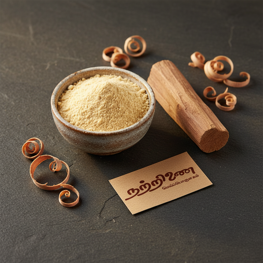 Nattrinai Sandalwood Powder in a ceramic bowl with raw sandalwood stick and shavings on dark slate surface with brand tag placed flat beside it