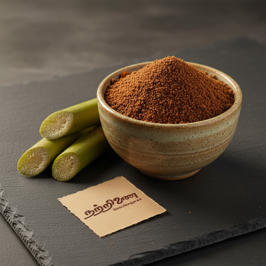 Nattrinai Karumbu Sarkkarai unrefined cane sugar brown powder in a ceramic bowl with fresh sugarcane cut pieces on dark slate surface with brand tag placed flat beside it