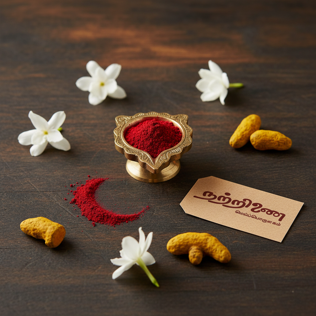 Nattrinai Kunkumam natural vermilion powder in a traditional container with jasmine flowers on dark wooden surface with brand tag placed flat beside it