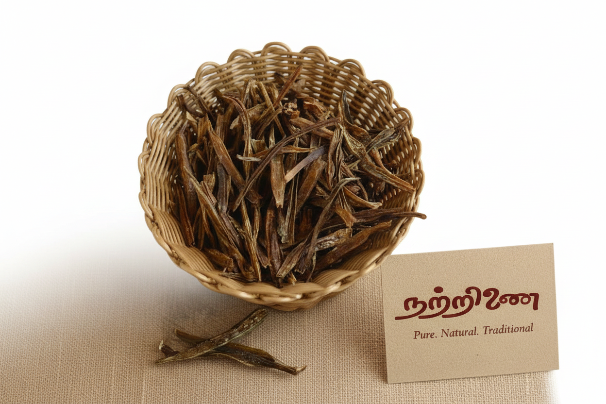 Kothavarankai Vathal sun-dried cluster beans in wicker basket with Nattrinai branded tag