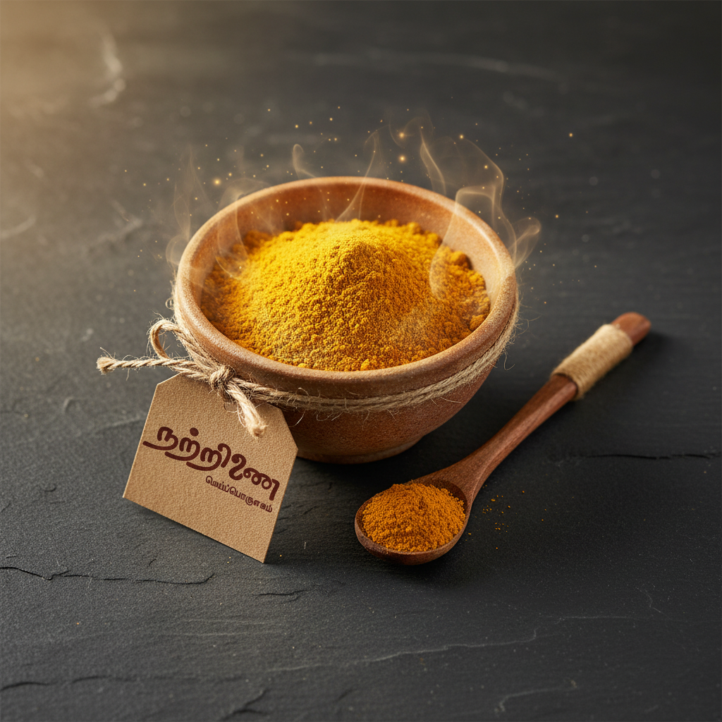 Nattrinai Pasu Manjal Turmeric Malt powder in ceramic bowl with brand logo tag on dark surface