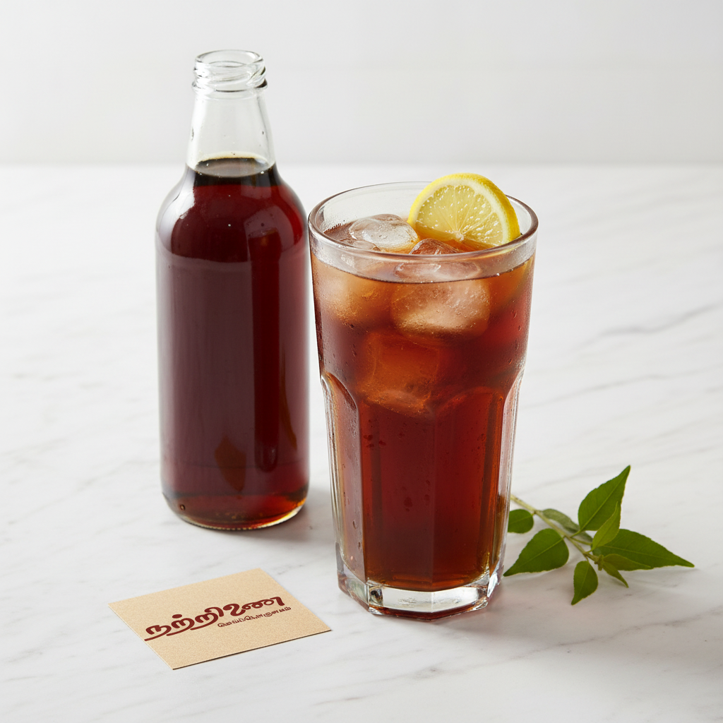 Nattrinai Nannari Sarbath chilled drink in a tall glass with syrup bottle and brand tag placed flat on marble surface