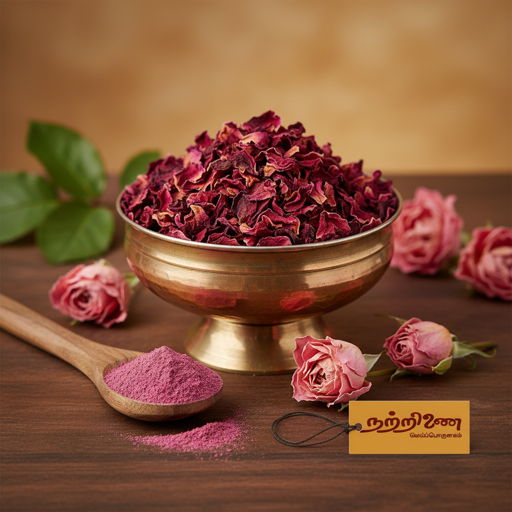 Roja Poo dried rose petals in brass bowl with rose powder spoon and dried rose buds and Nattrinai saffron logo tag