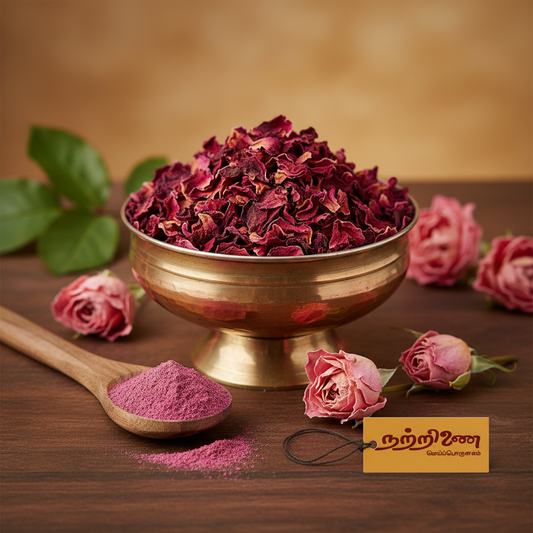 Roja Poo dried rose petals in brass bowl with rose powder spoon and dried rose buds and Nattrinai saffron logo tag