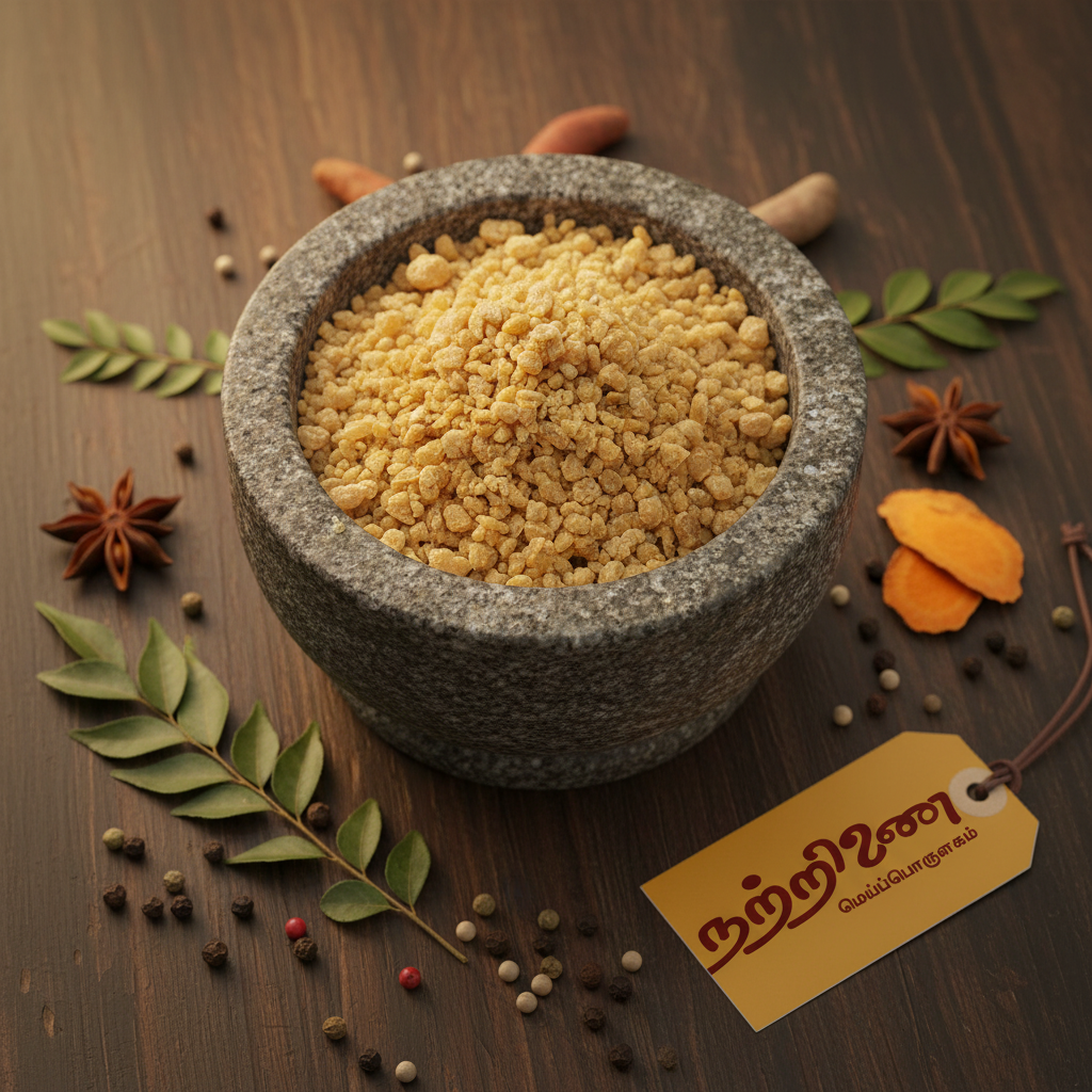 Paal Perungayam asafoetida granules in stone bowl with earthy background and Nattrinai saffron logo tag