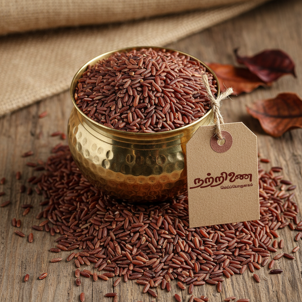 Rathasali deep red medicinal heritage rice grains in brass vessel with Nattrinai tag